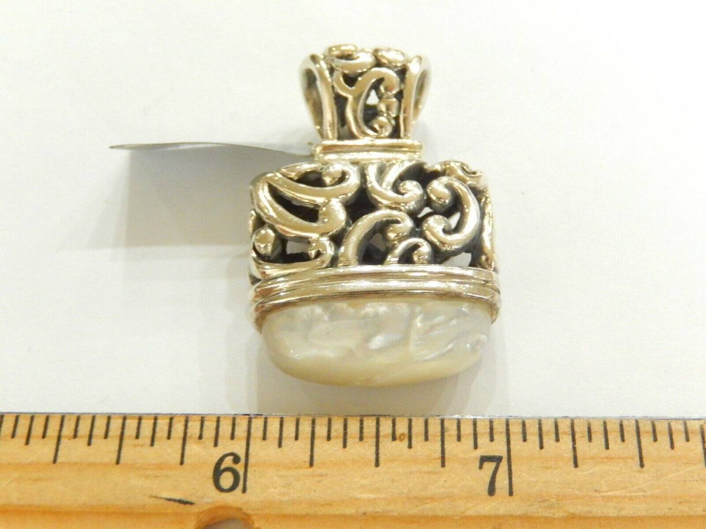 *VINTAGE* Sterling Silver Filigree Swirl Rectangle Mother of Pearl Pendant  23gm