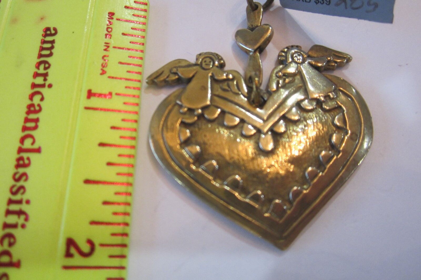 RARE RETIRED SIGNED JEC JEEP COLLINS BRASS TWO ANGELS & 2 HEARTS PENDANT-MINT