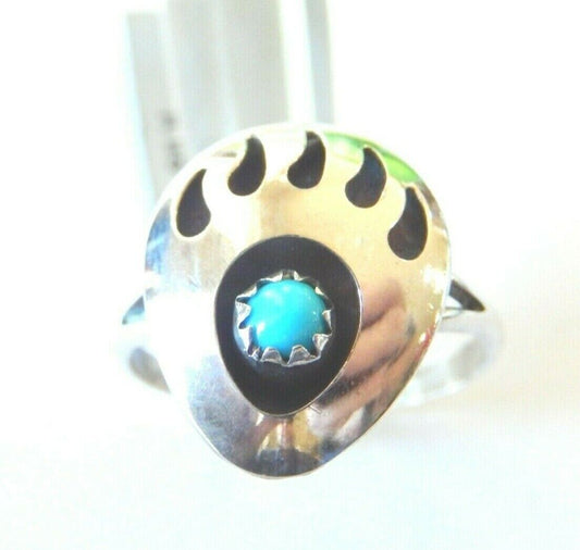 *VINTAGE*  Native Amer. Sterling Silver Turquoise Bear Claw Design Ring Sz 7.75