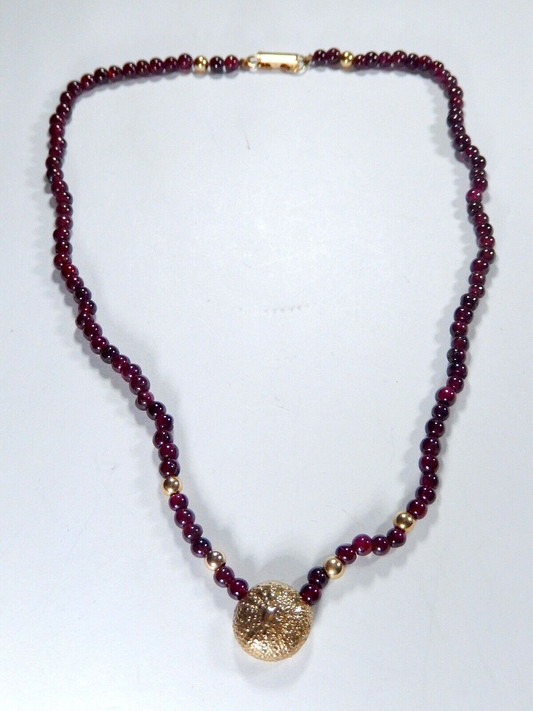 *VINTAGE* 14K Yellow Gold Acorn & 4.0mm 14K Beads & Clasp with 4.0mm Garnets 15"