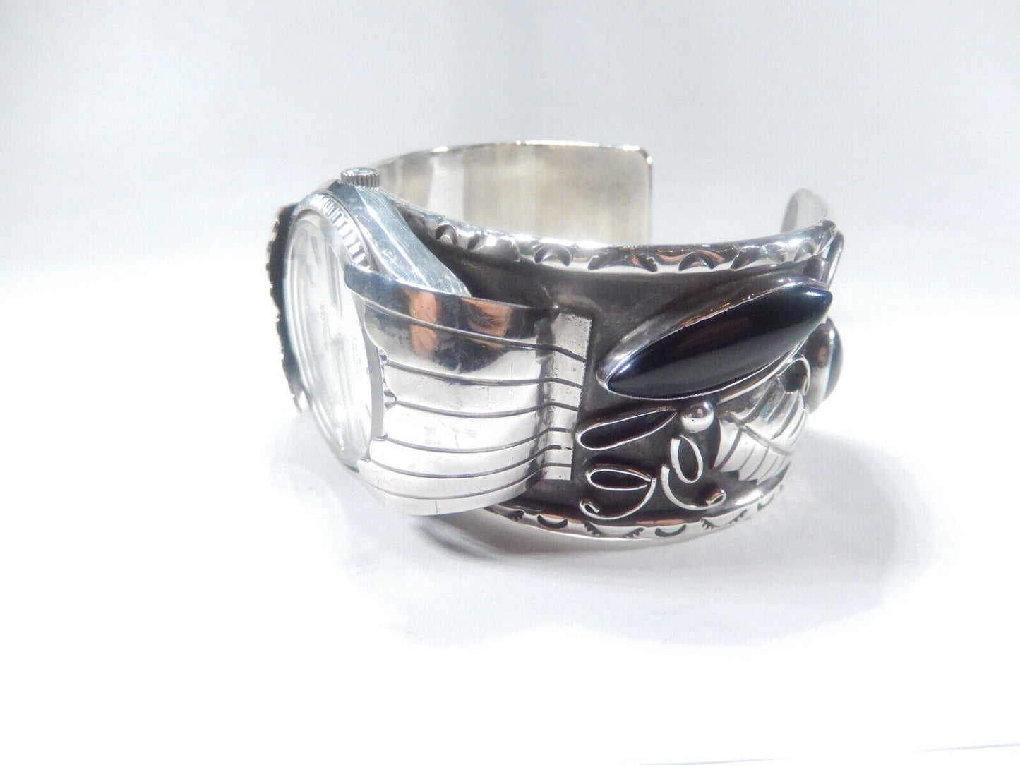 Navajo Johnny Frank 1911 Sterling Silver Stamped Seiko Automatic Cuff Bracelet