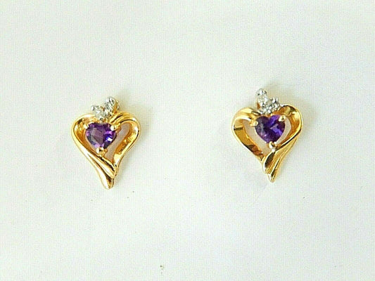*NWT* 14K Yellow Gold Heart Shaped Post Earrings With Amethyst & Diamonds