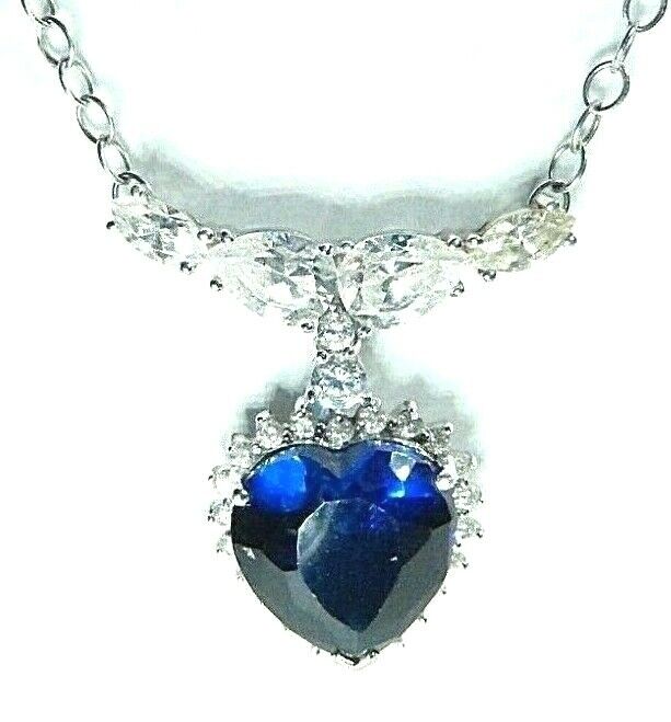 *NWT*  STATEMENT 10K White Gold  6.0CT Heart  Sapphire & 1.50CT CZ  18" Necklace