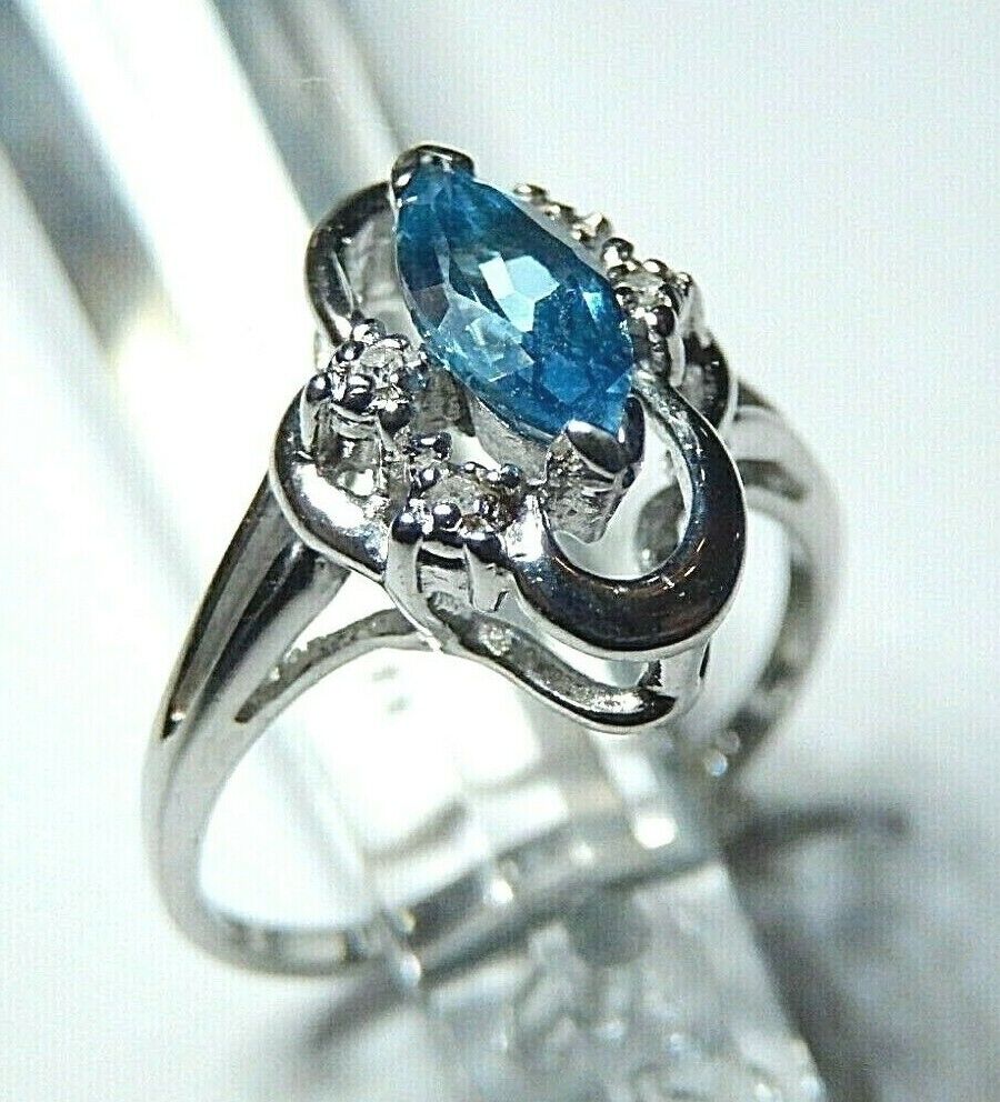 *NWT* 14K White Gold London Blue Topaz & Diamond Freeform Ring  Size 6.75