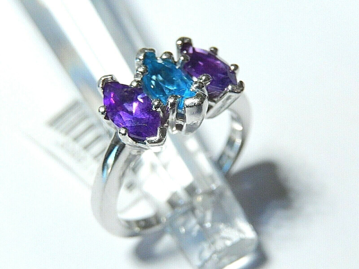 *VINTAGE*  14K White Gold Genuine 1.25CT Amethyst & Blue Topaz Ring Size 6.75