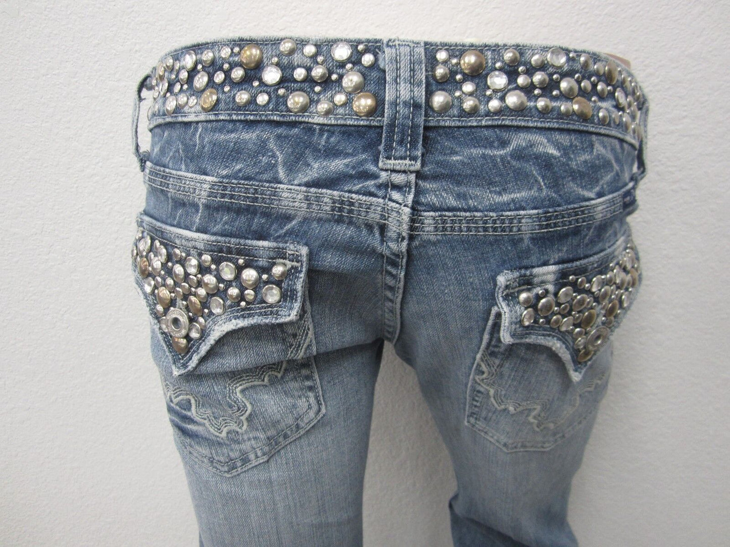 NICE Miss Me JP4288 Crystal Embellished Studded Flap Pocket Boot Cut Jeans 27x34