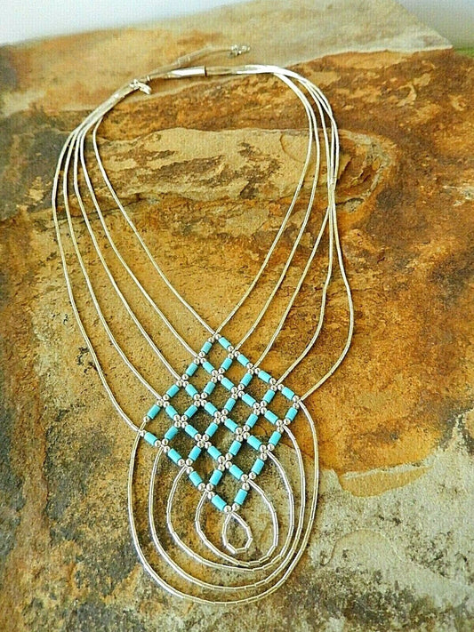Turquoise  5 Strand Sterling Silver Native Amer. Bib Necklace Liquid Silver 17"