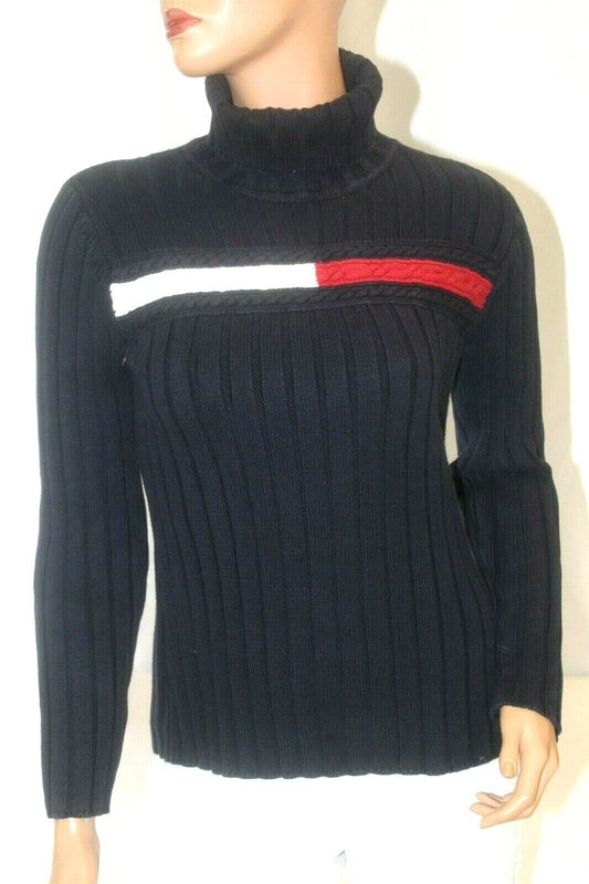 *VINTAGE*  Tommy Hilfiger Navy Sweater Turtle Neck Flag Logo Thick Ribbed Sz M