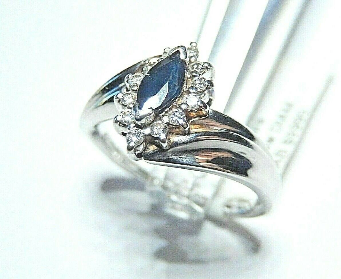 *VINTAGE* HIGH QUALITY 14K White Gold  Blue Sapphire & Diamond Halo Ring Sz 8.25