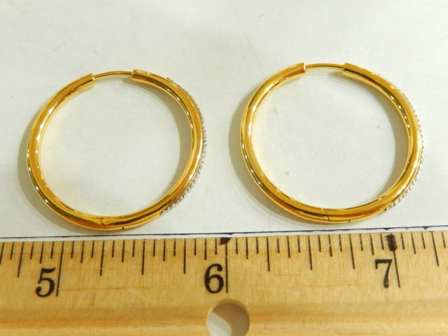 14K Gold Vermeil on Sterling Real 32 Diamond Large 30mm  Hoop Pierced Earrings