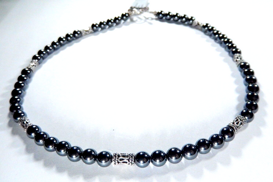 *VINTAGE*  Sterling Silver Toggle Clasp 6mm  Hematite & Decorative Bead Necklace