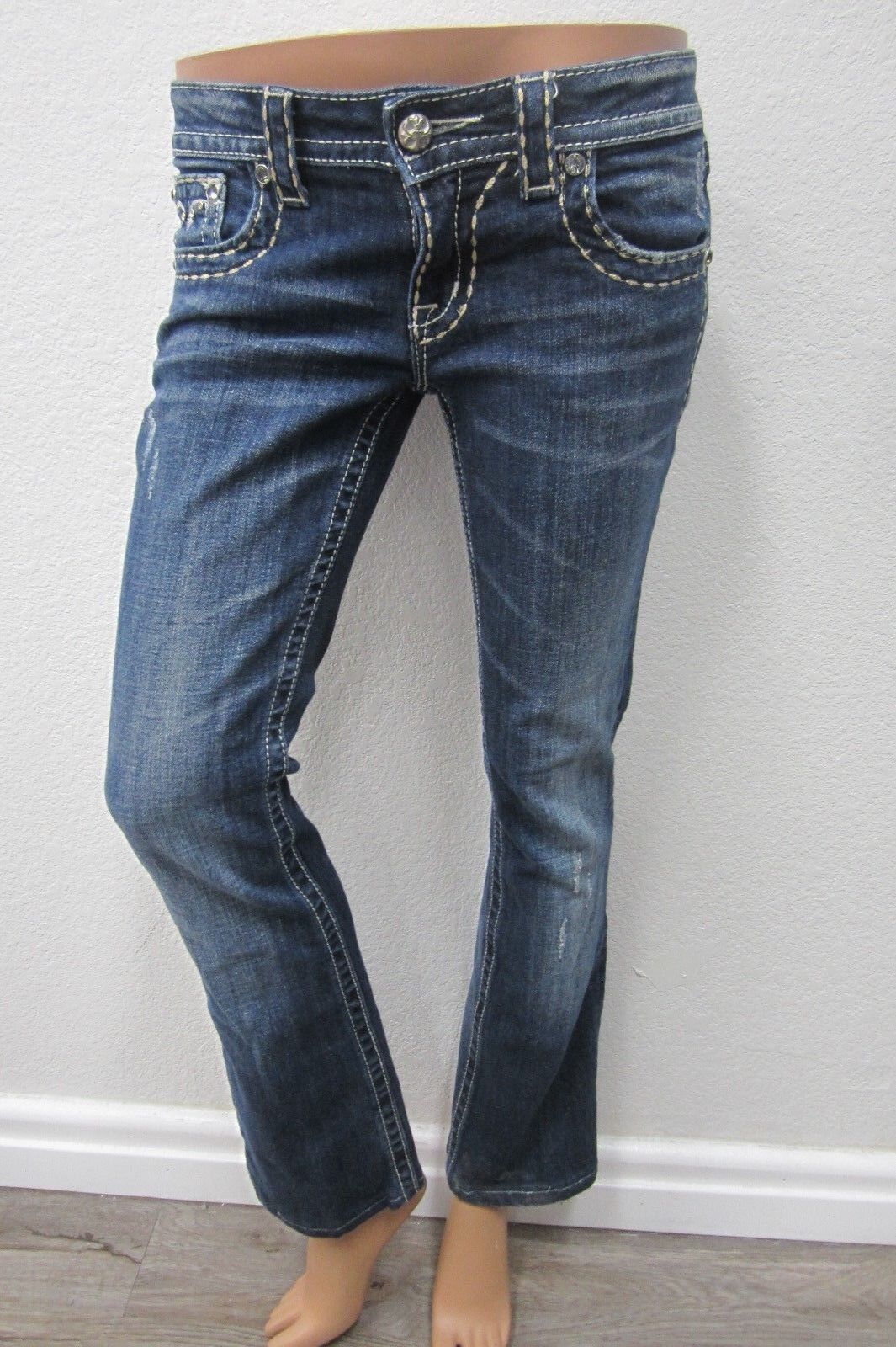 NICE  MISS ME Distressed Dark Low Rise Boot Crystals Jeans JW5161B2 Size 27 x 29
