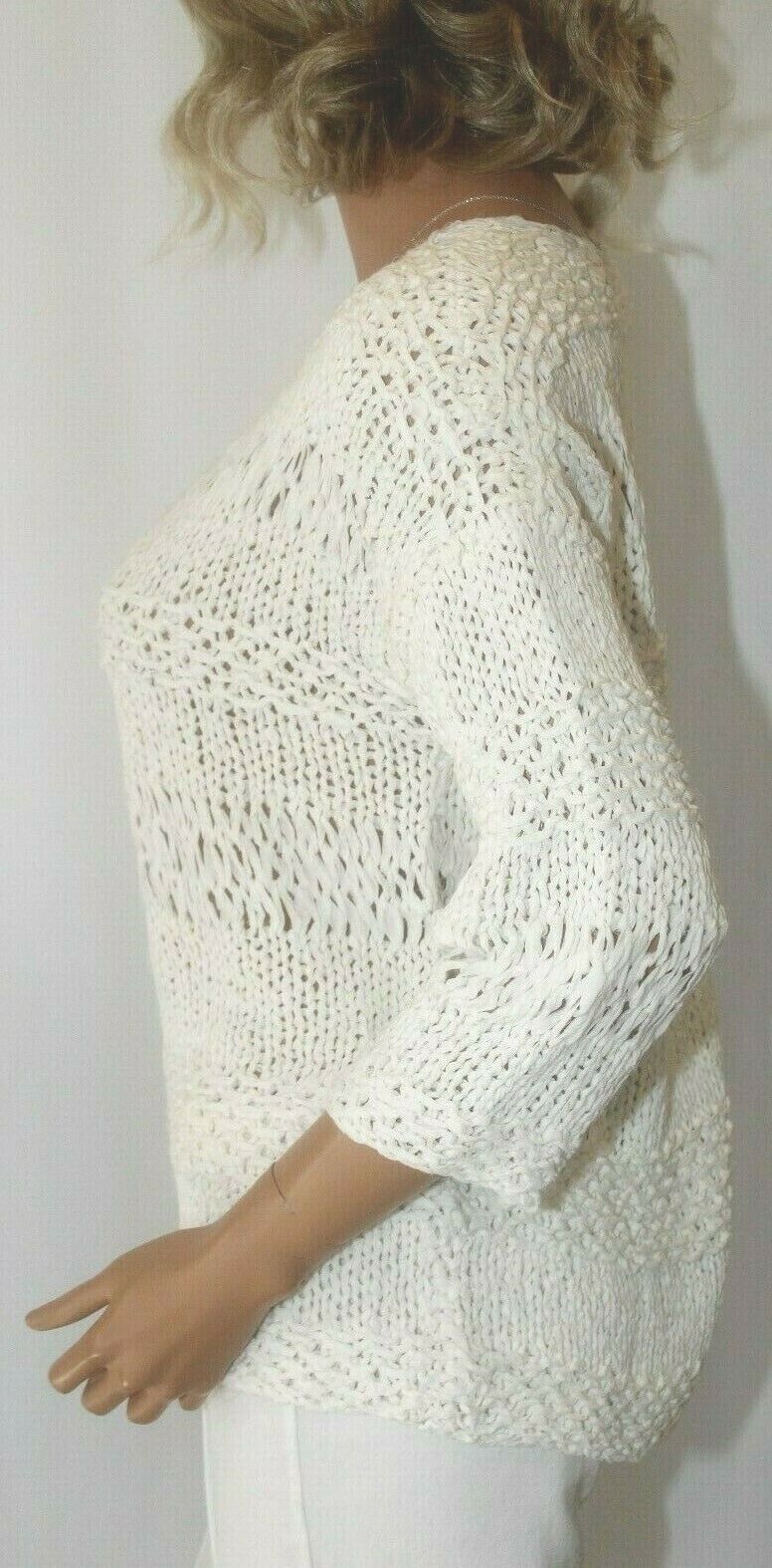 *NWT* $395. Rondina New York White Hand Knit Pull Over Top 3/4 Sleeve Size Med