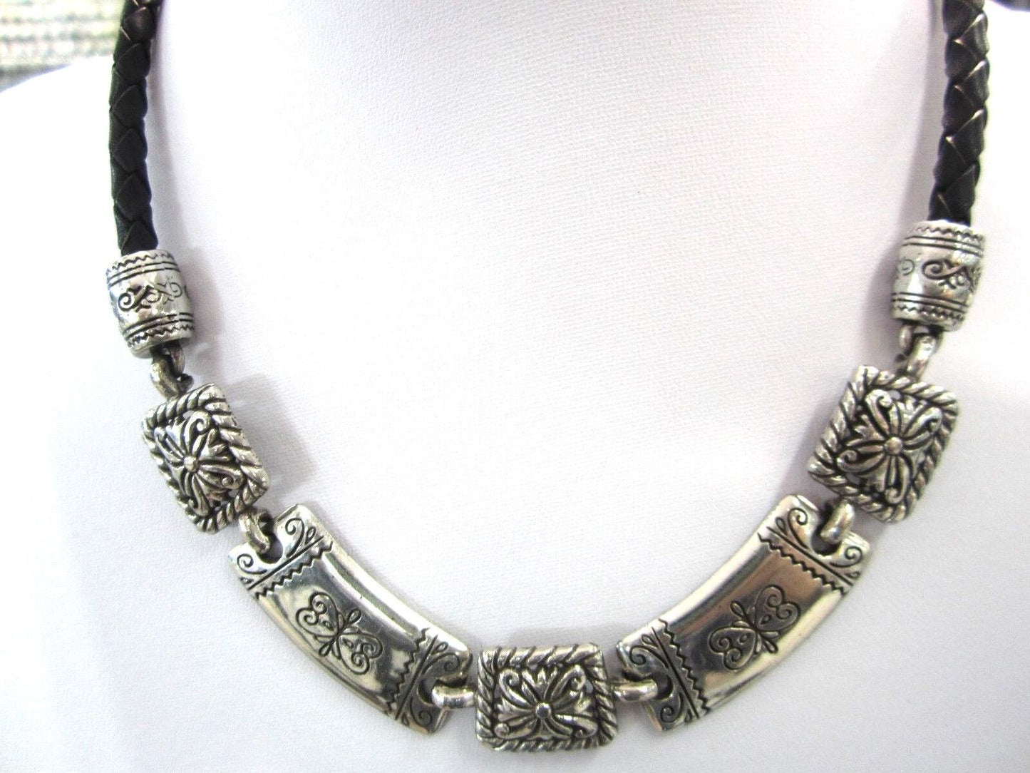 Retired Brighton Heavy Brown Braided Cord Statement Silver Plated Necklace.