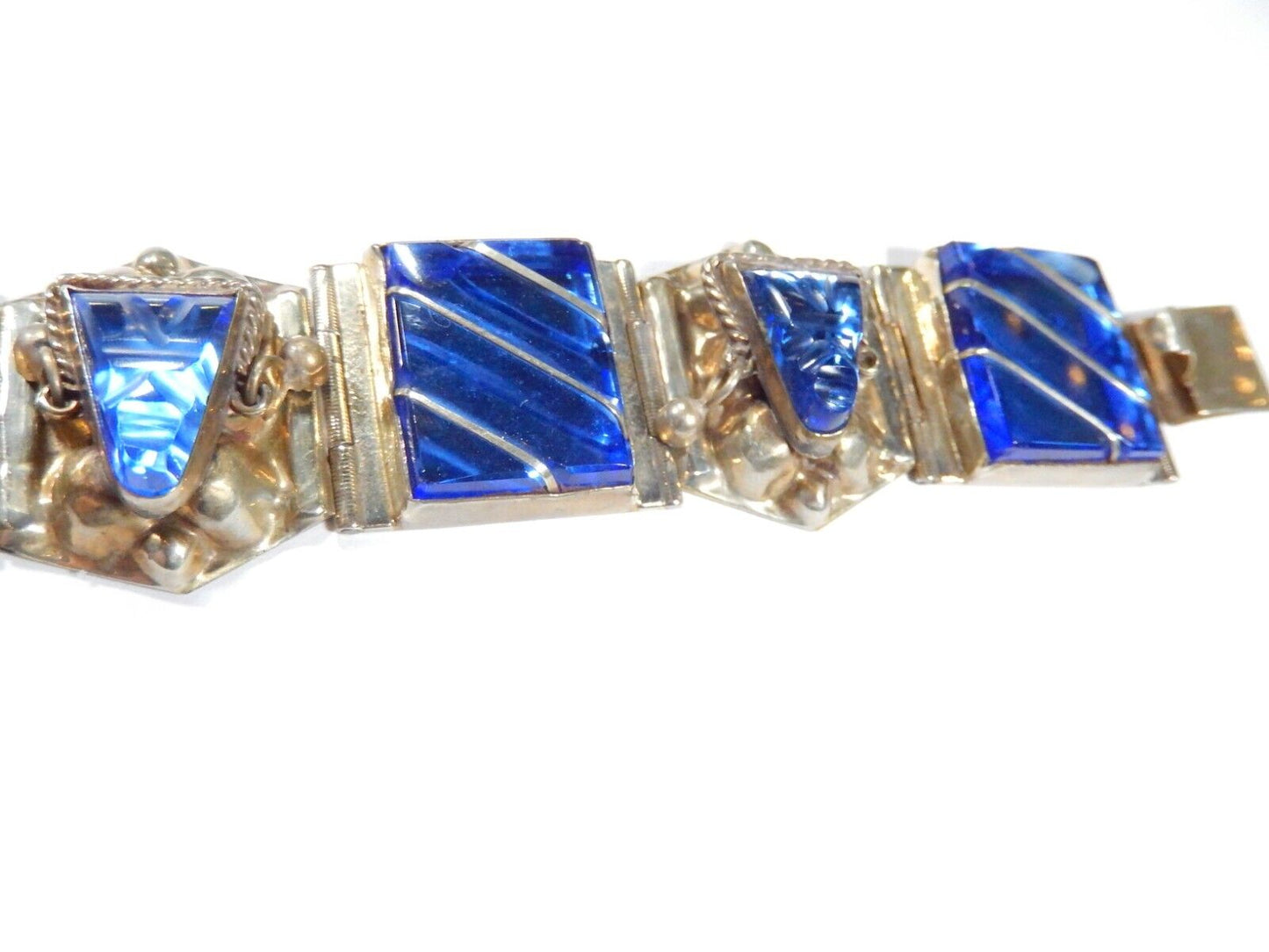 VINTAGE  Taxco Sterling Silver Blue Glass 1" Wide 7" Bracelet Weighs 68.8 gms