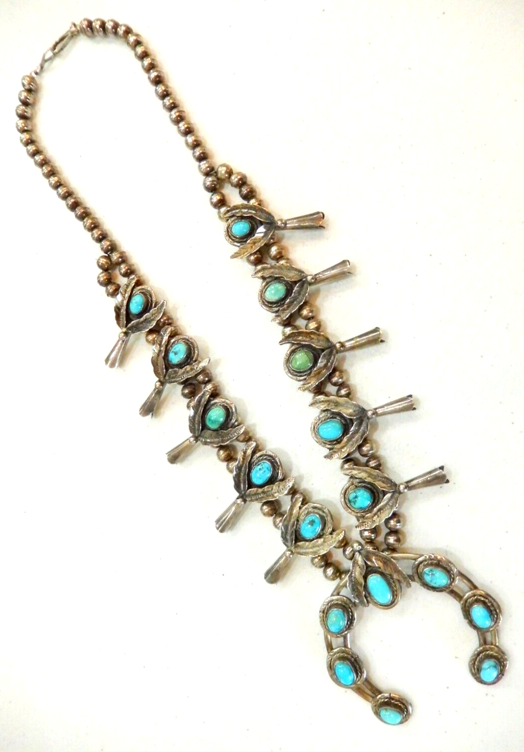 NATIVE AMERICAN  Navajo Turquoise Sterling Silver Squash Blossom  Necklace  30"