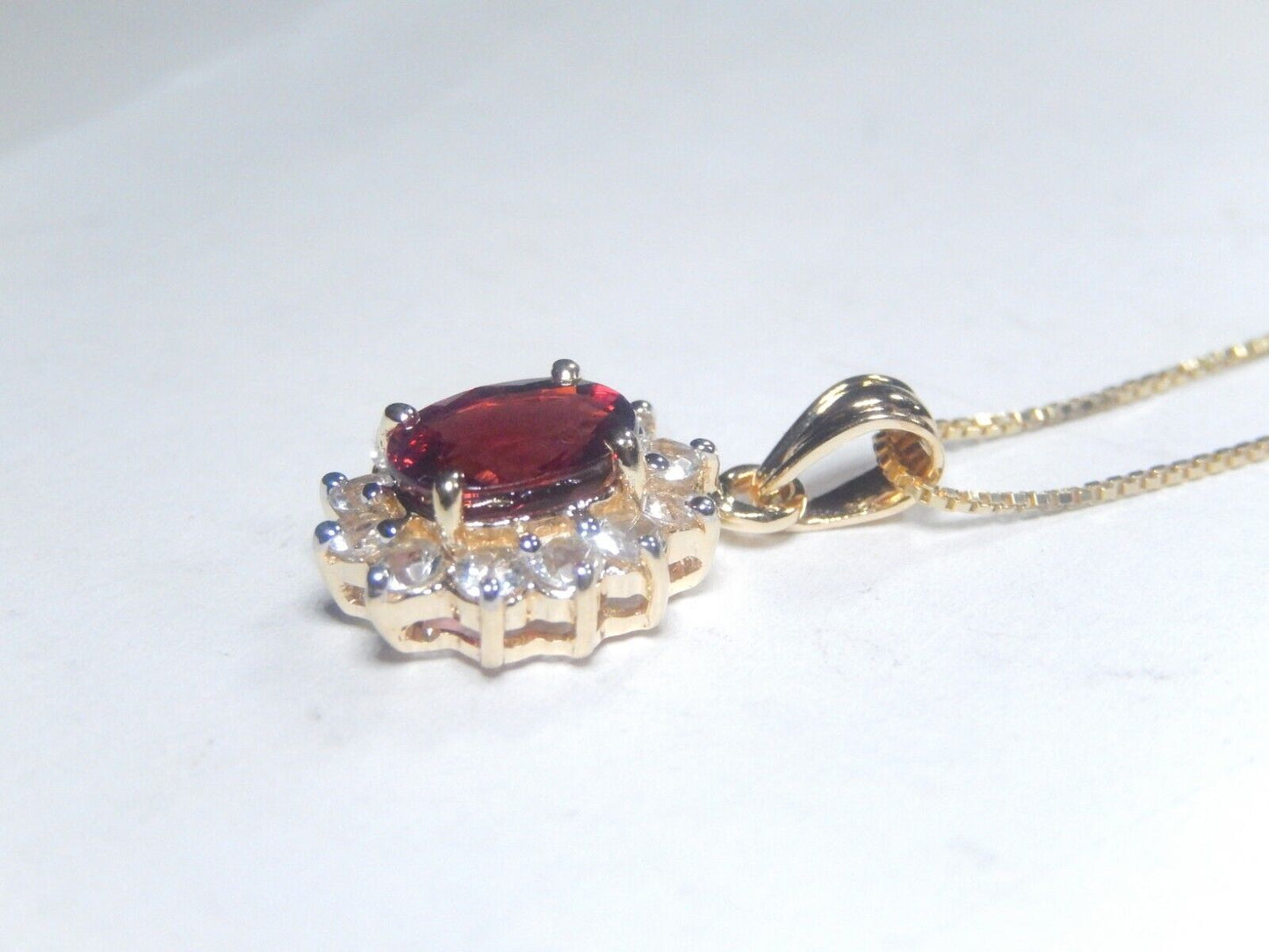14K Yellow Gold 2.00 Ct Oval Cut Red Garnet & 12 CZ Pendant w/18"chain