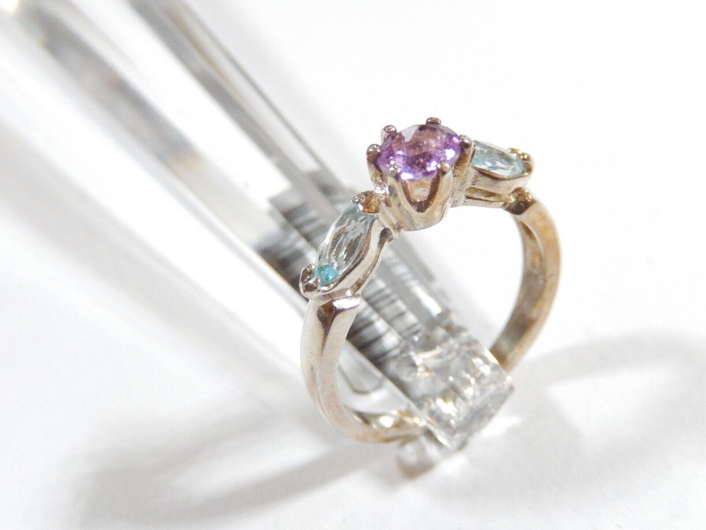 *VINTAGE*  Sterling Silver Swiss Blue Topaz & Amethyst Three Stone Ring Sz 7.75