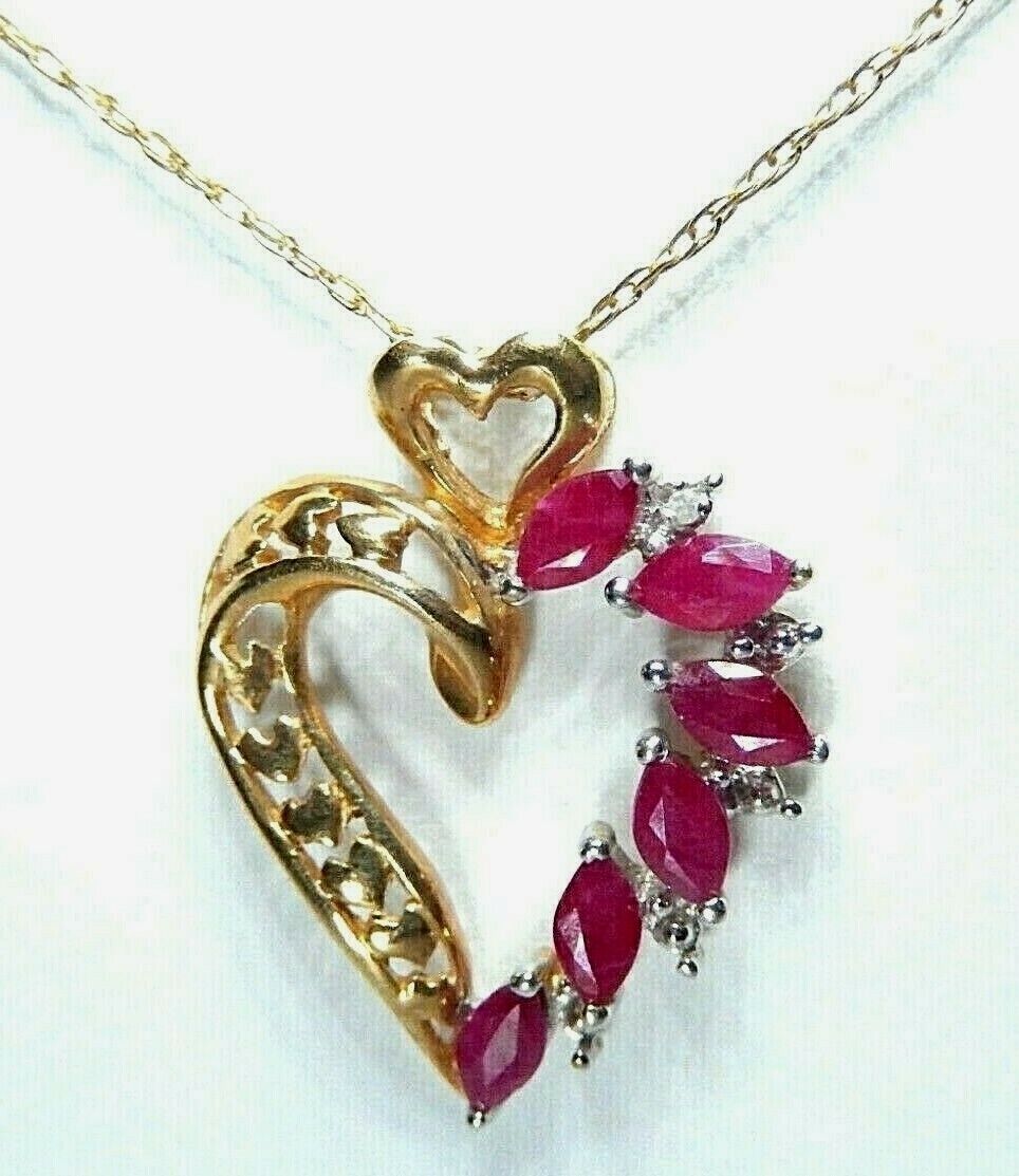 *VINTAGE*  10k Yellow Gold  Ruby And Diamond Heart Pendant with 18" 10K YG Chain