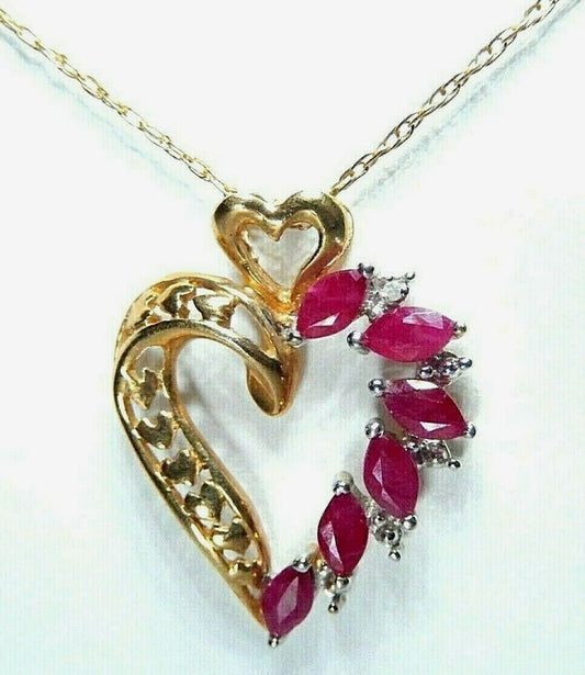 *VINTAGE*  10k Yellow Gold  Ruby And Diamond Heart Pendant with 18" 10K YG Chain