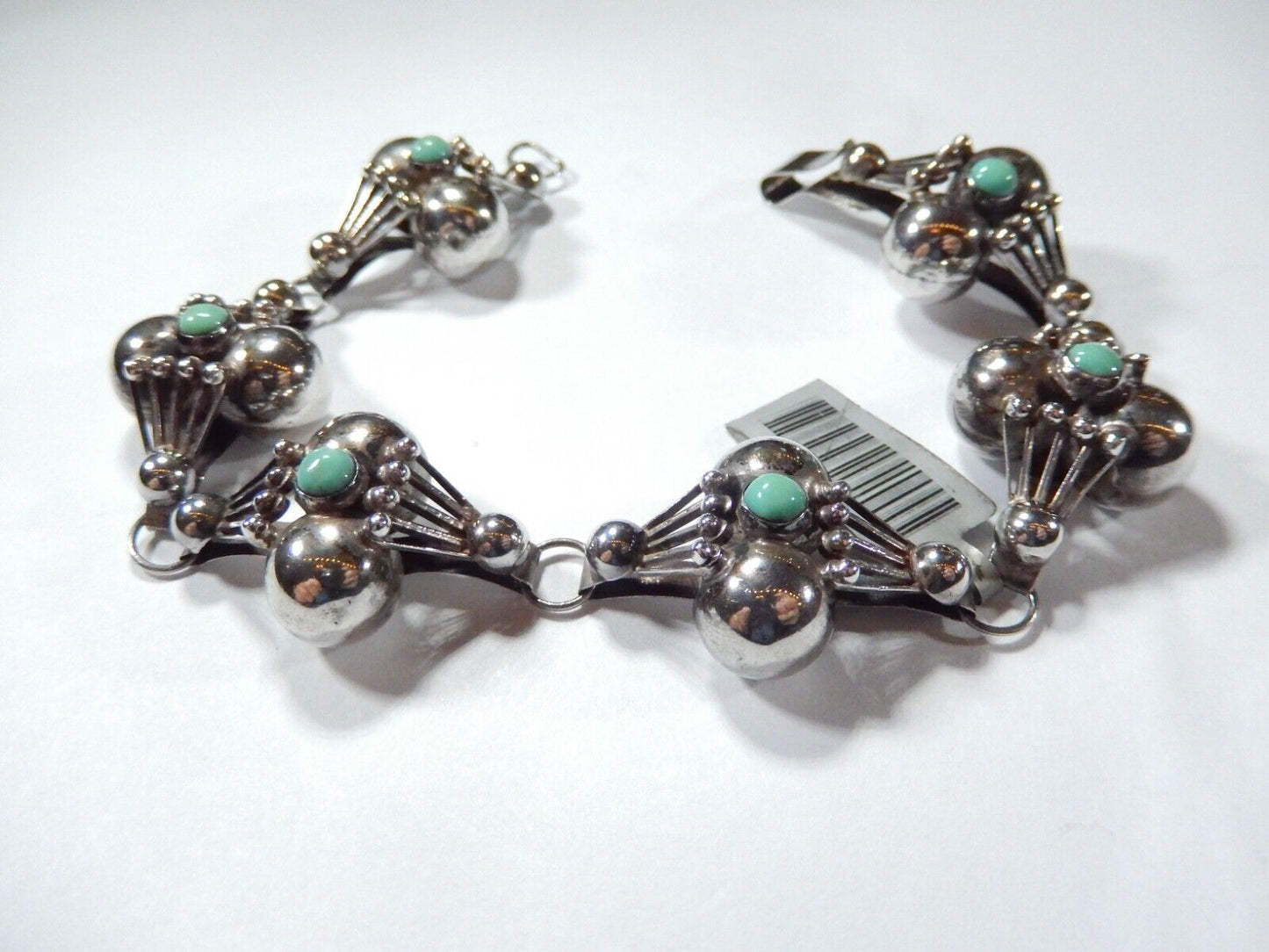 *VINTAGE Mexico FSS Sterling Silver Turquoise Ball Bead Design Link Bracelet 8”