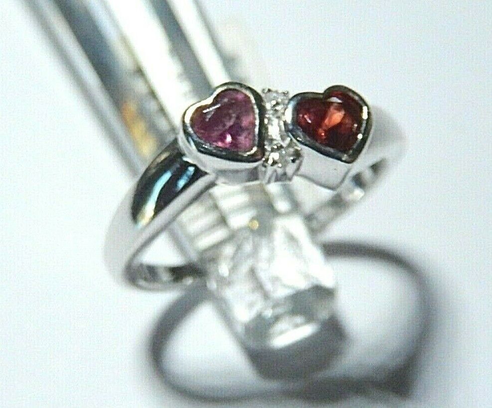 14K White Gold  4mm Heart Shape Amethyst and Garnet with Two Diamonds Sz 7.75