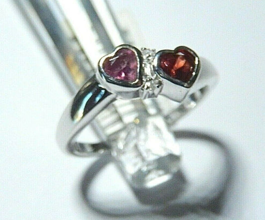 14K White Gold  4mm Heart Shape Amethyst and Garnet with Two Diamonds Sz 7.75