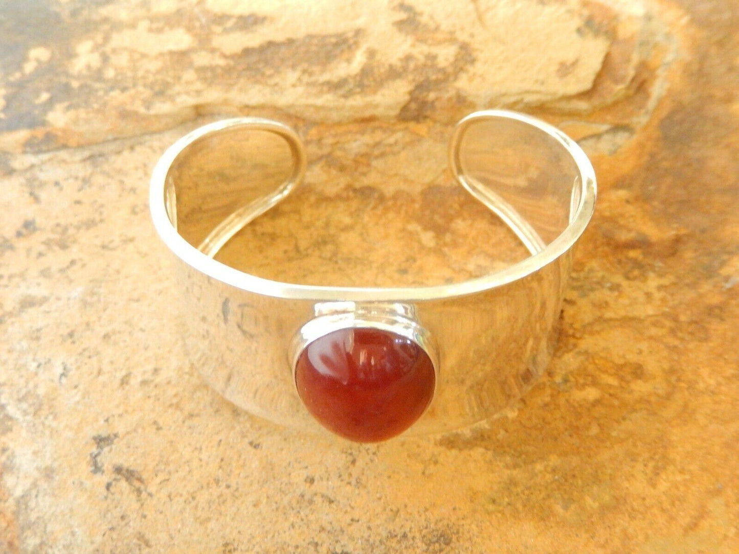 VINTAGE MODERNIST WIDE CARNELIAN STERLING SILVER BRACELET CUFF MEXICO SIGNED