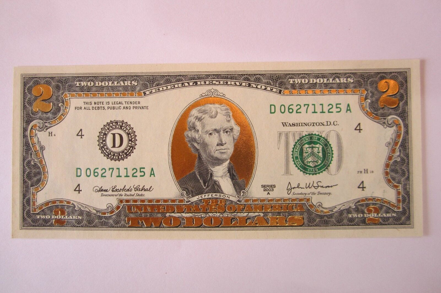 22 K GOLD LEAF- 2 DOLLAR BILL-  COLLECTOR  LEGAL NOTE- D06271125A