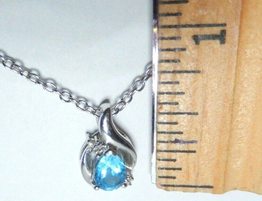 *NWT*  10K WHITE GOLD SKY BLUE TOPAZ PEAR & DIAMOND PENDANT With 18" Chain