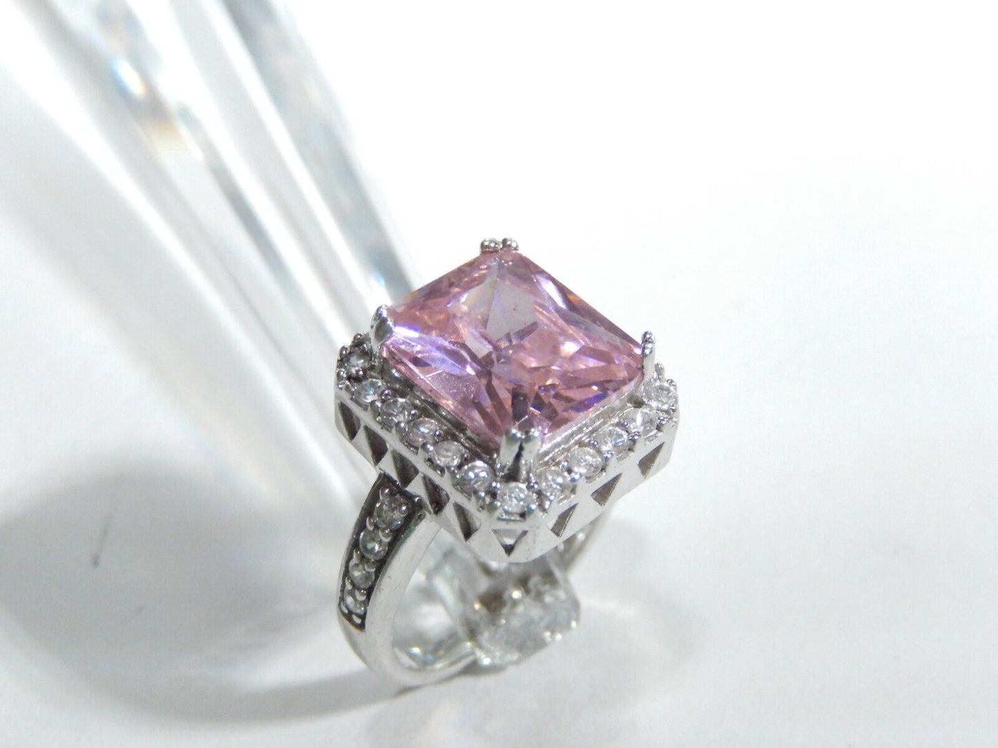 *VINTAGE* Sterling  CZ Pink & White 5.0CT Emerald Cut Cocktail Ring Sz 7
