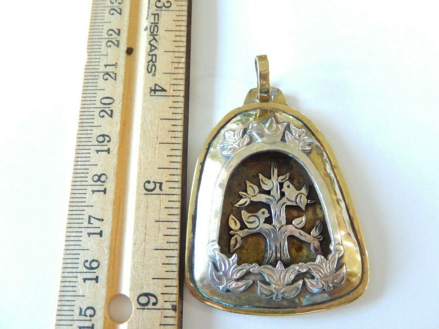 *RETIRED* LARGE  JEEP COLLINS  Sterling  &  Brass  Dove & Tree Shadowbox Pendant