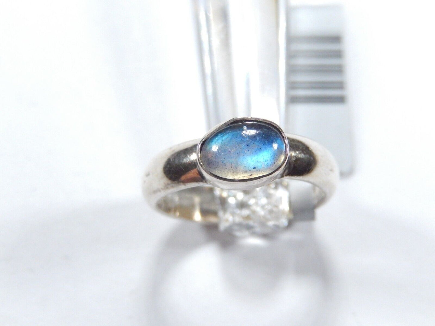 *VINTAGE*  Natural Rainbow Moon Stone 4.5 mm Wide Band Sterling Silver Size 5