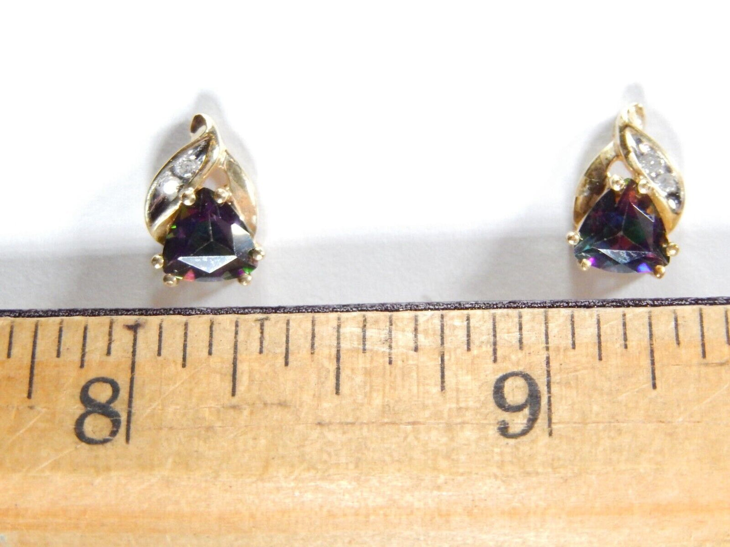 *VINTAGE*  10k Yellow Gold Trillion  Mystic Topaz and Diamond Stud Earrings
