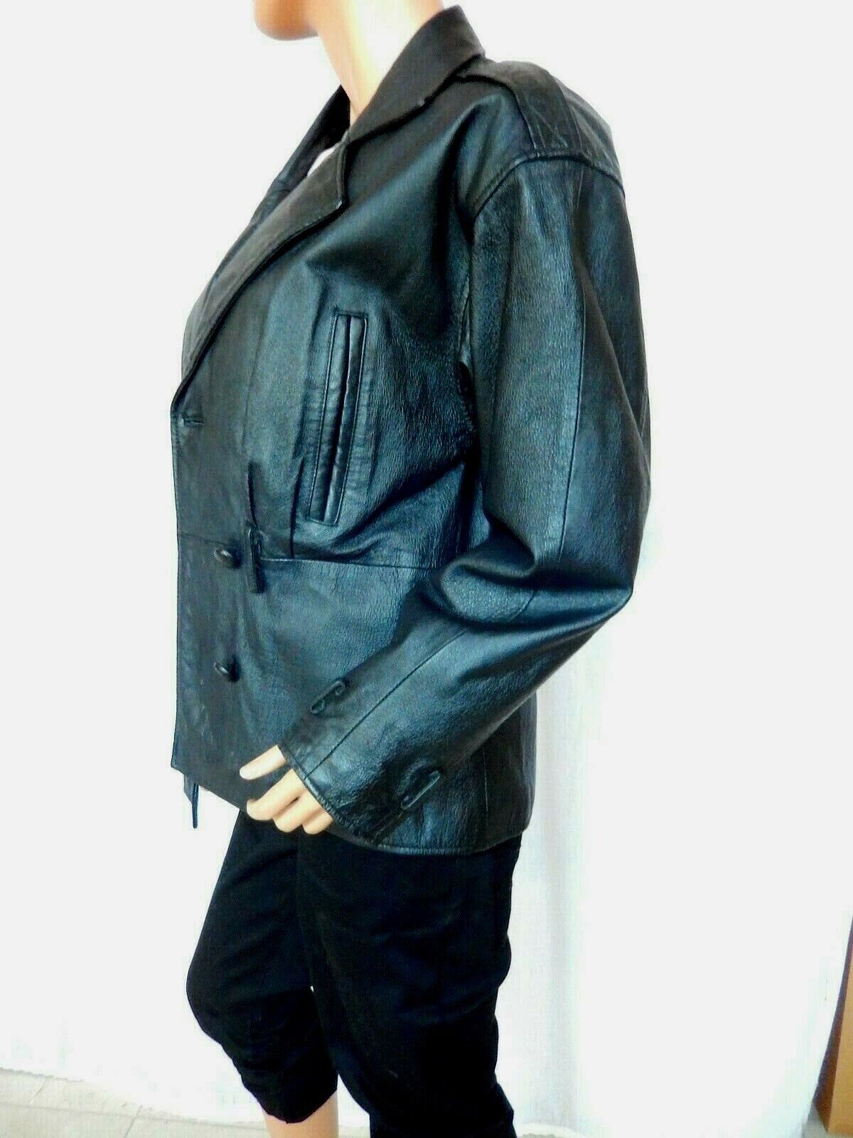 Vintage Women's SPIEGEL Genuine Black Leather Coat Double Breasted Jacket Size L