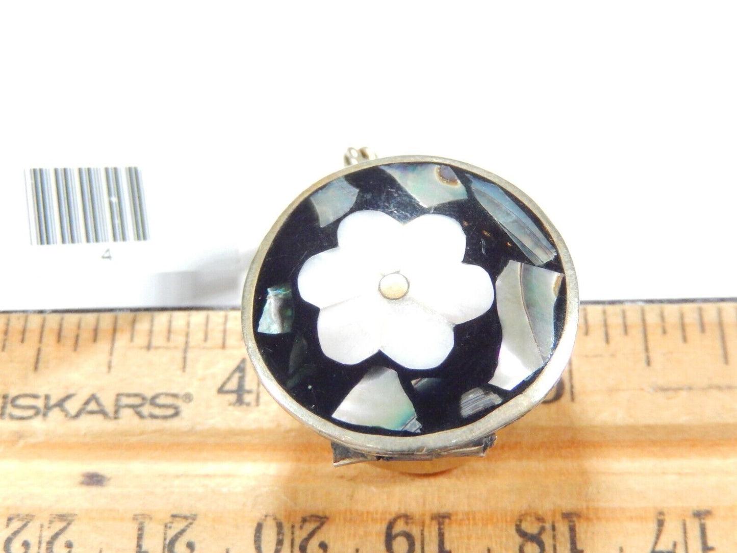 Vintage Silver Hinged Pill Trinket Box Abalone & MOP Inlay Flower Alpaca Mexico
