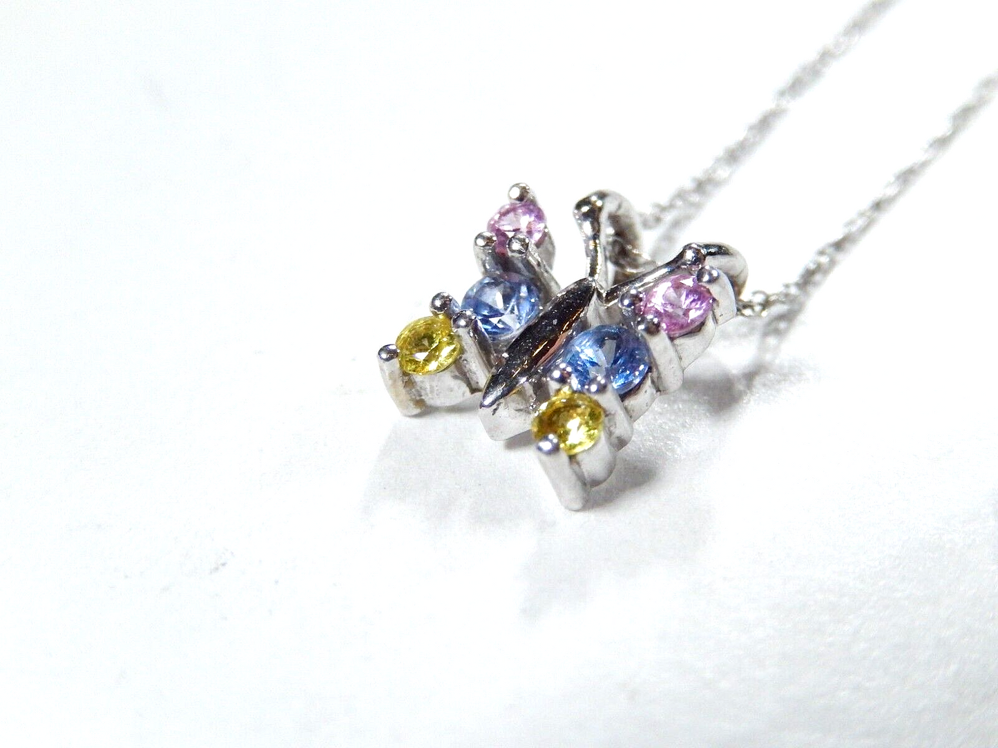 14K White Gold Multi Color Topaz Butterfly Pendant with/19"10K WG Chain