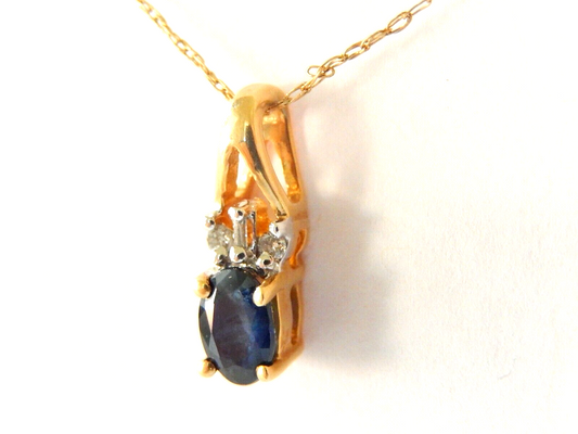 10K Yellow Gold .60CT NATURAL  SAPPHIRE SOLITAIRE & DIAMOND  PENDANT w/20" Chain