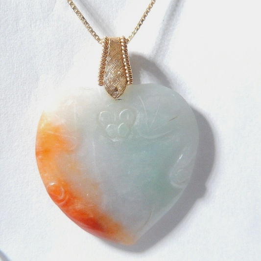 VINTAGE- Large 14k Yellow Gold Chinese Carved Jadeite Jade Heart Pendant w/18"ch