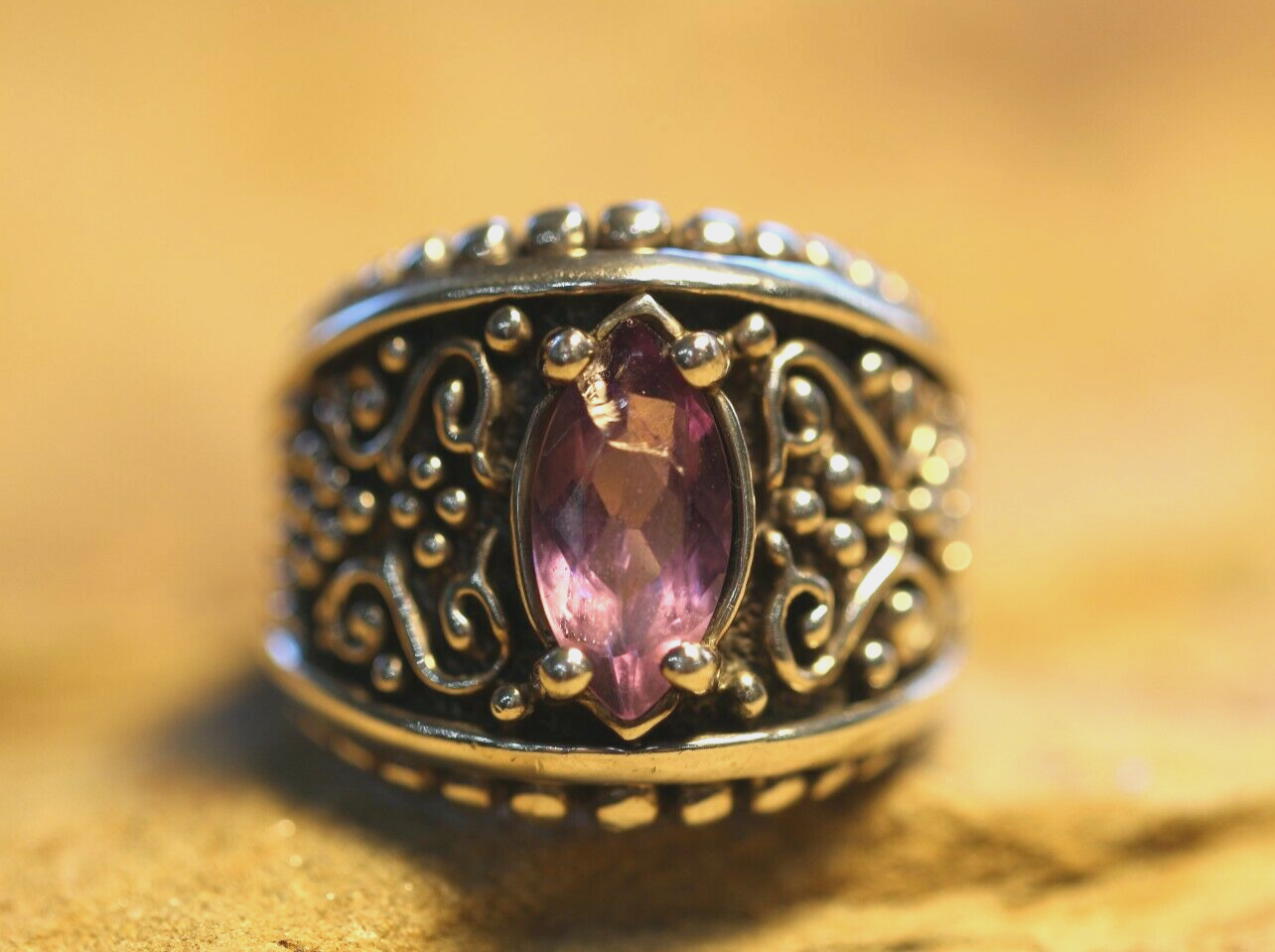 *VINTAGE*  Designer KABANA Amethyst 925 Sterling Silver Filigree Ring Size 7.5
