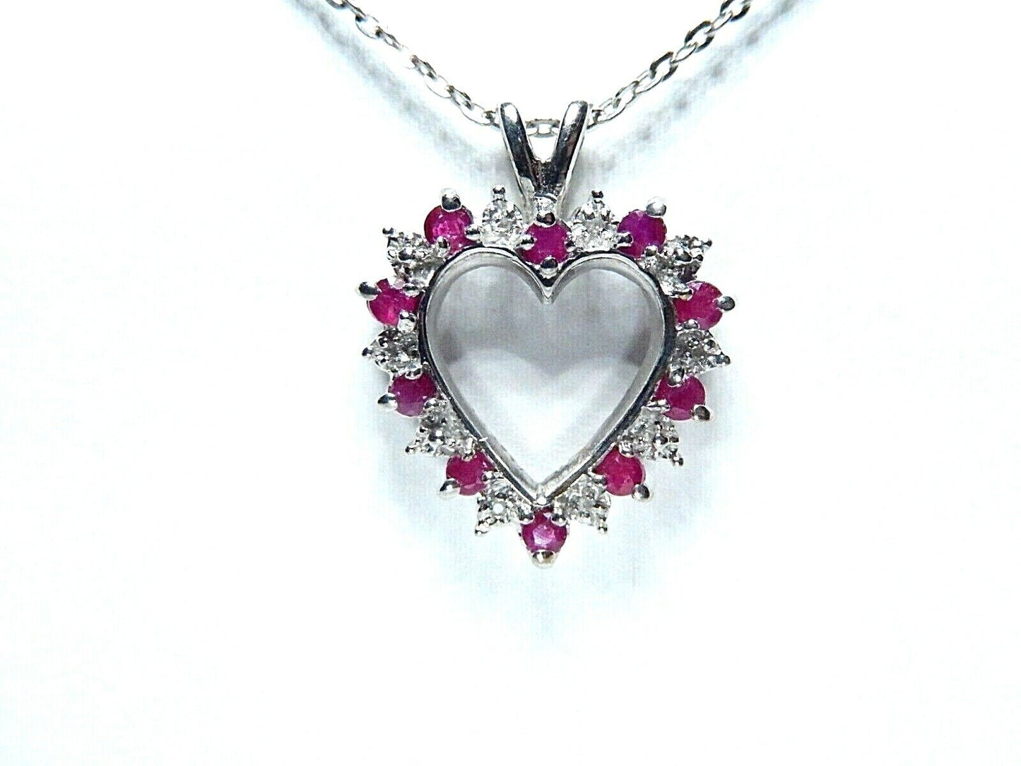*NWT*  10k White Gold Natural Ruby & Diamond Open Heart  Pendant w/18" Chain
