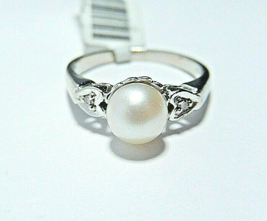 *VINTAGE* 10k White Gold 6.5mm Real Pearl & Diamond Ring Size 6.75