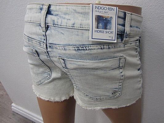 NWT Indigo Rein Women's Size 1  Shorts Washed Blue Fringe Distressed Mid Rise