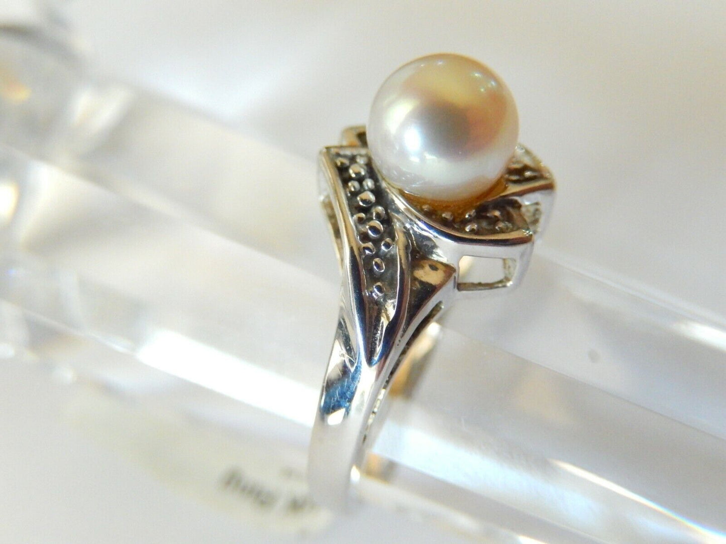 10K White Gold 7mm Round Pearl & Diamond Ladies Ring  Size 7.5