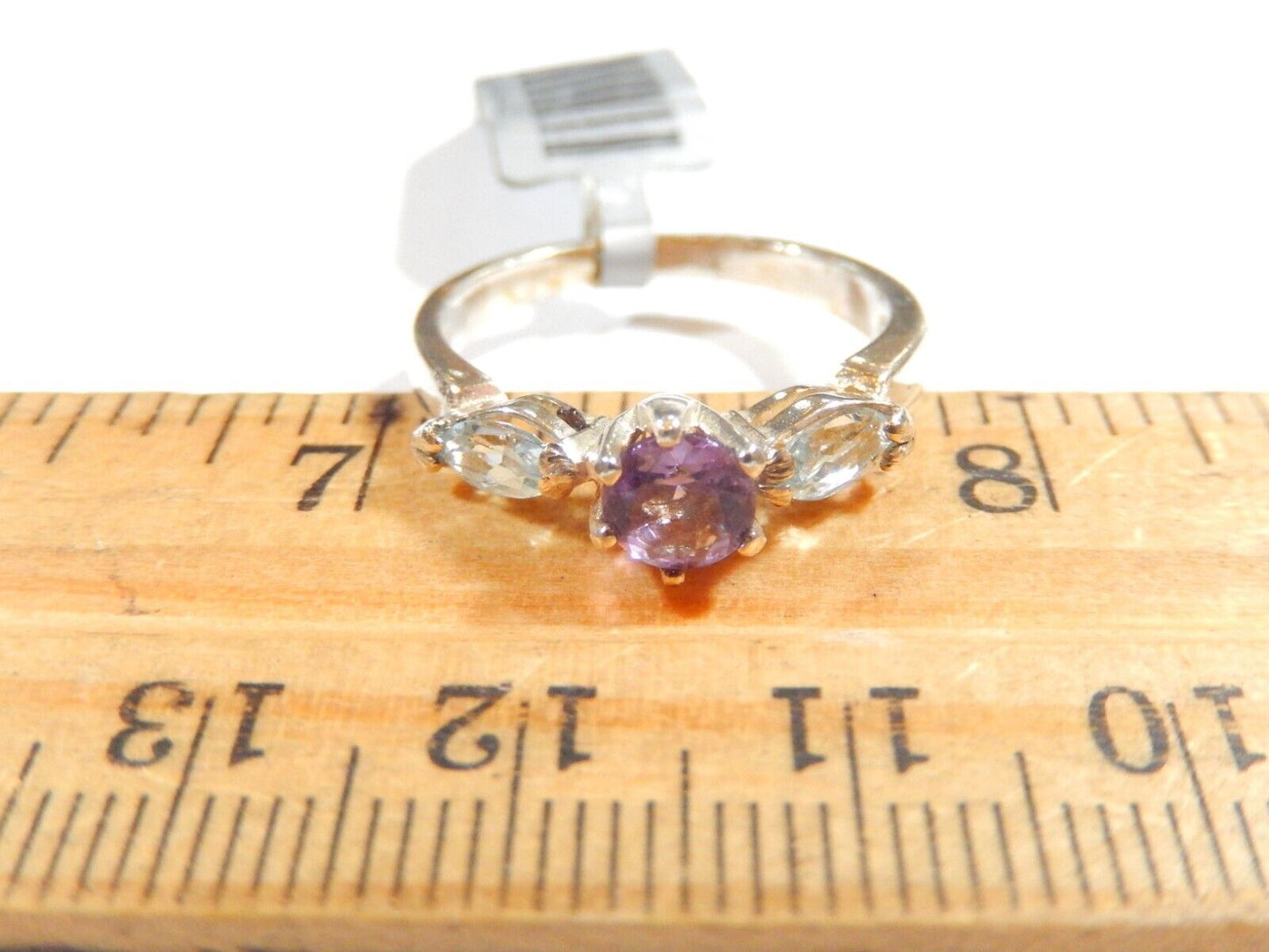 *VINTAGE*  Sterling Silver Swiss Blue Topaz & Amethyst Three Stone Ring Sz 7.75