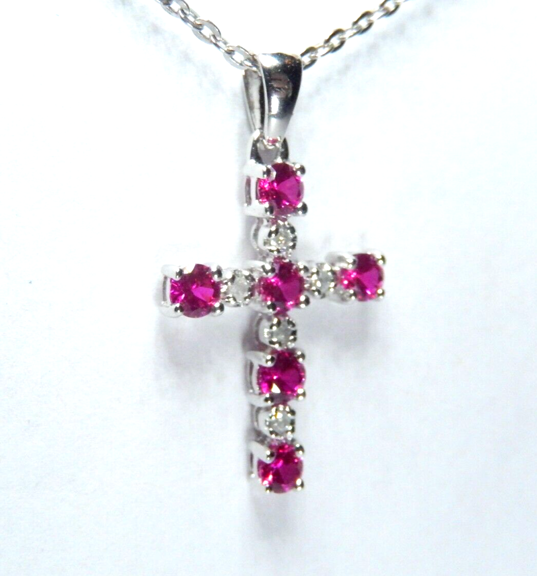 SOLID 10K White Gold Ruby & Diamond Cross Pendant w/18" Chain