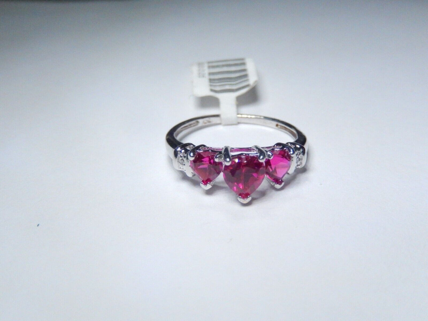 *NWT*  10k White Gold Three Stone Heart Lab Created Ruby & Diamonds Ring Sz 6.25