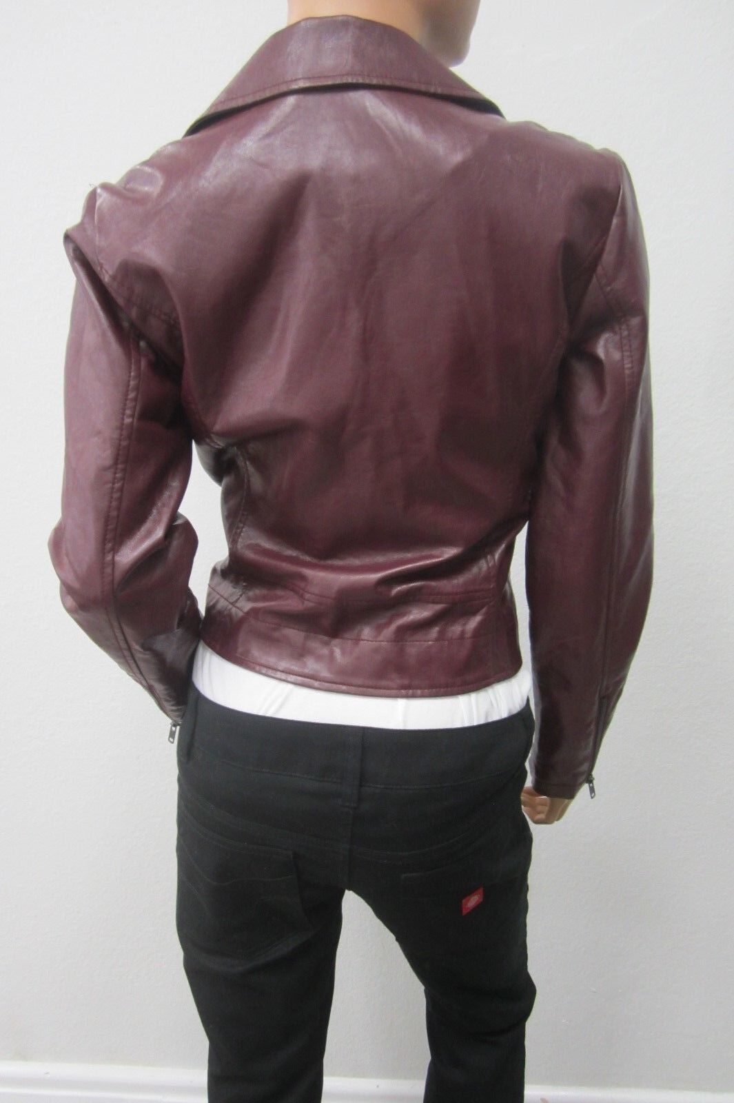 Forever 21 - SUPER CUTE - Maroon Faux Leather Motorcycle Zipper Jacket Sz Small