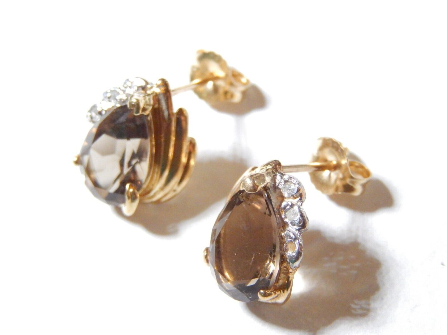 *VINTAGE*  10K Yellow Gold 3.00 CT TW Smoky Quartz and Diamond Stud Earrings