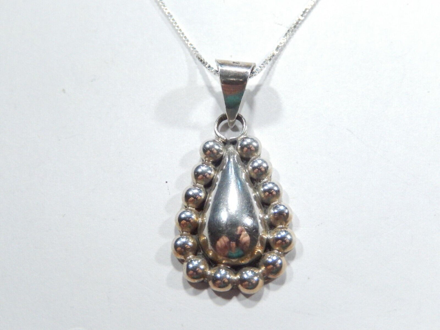 *VINTAGE*  Sterling Silver Mexico Beaded Tear Drop Pendant w/18" Box Chain